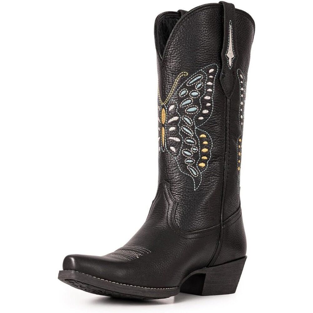 Women's Black 1 Western Mid Calf Embroidered Cowgirl Country Full Leather Boots